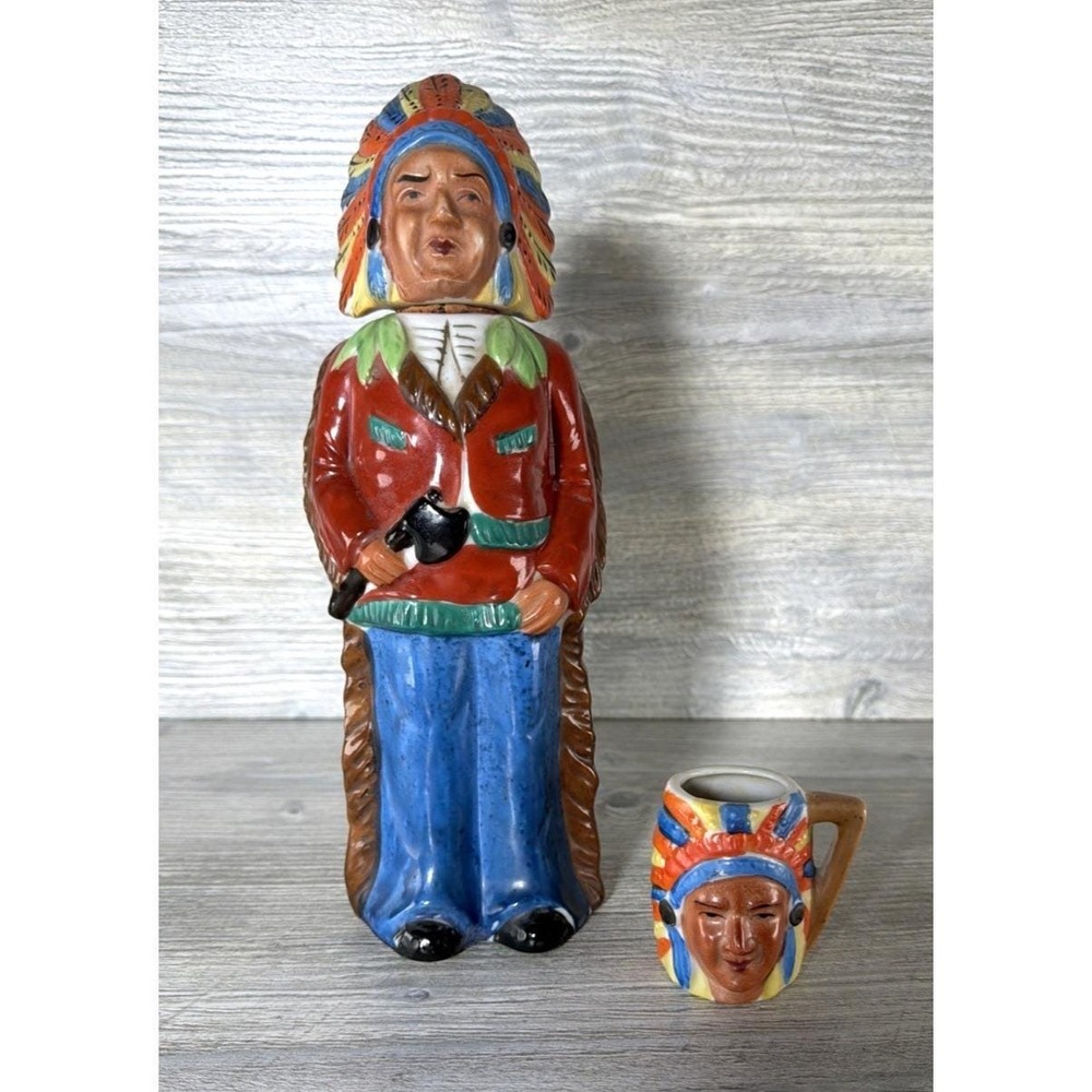 Vtg Native American Indian Chief Decanter Liquor Bottle & Cup Set Barware Japan